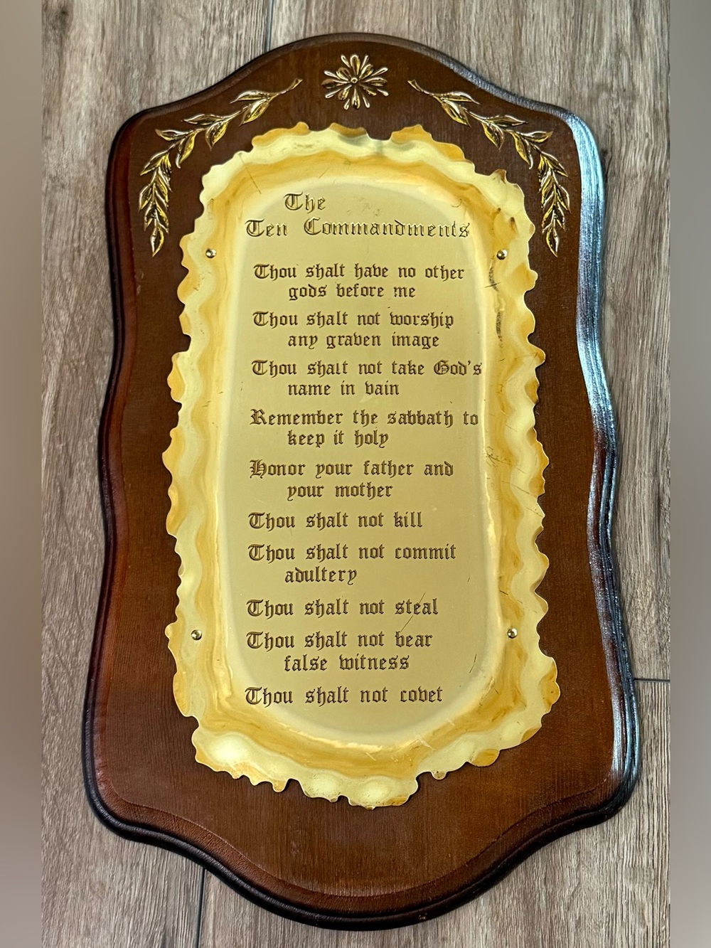 Vintage Ten Commandments Etched Copper W/Floral Painted Wood Frame Wall Plaque